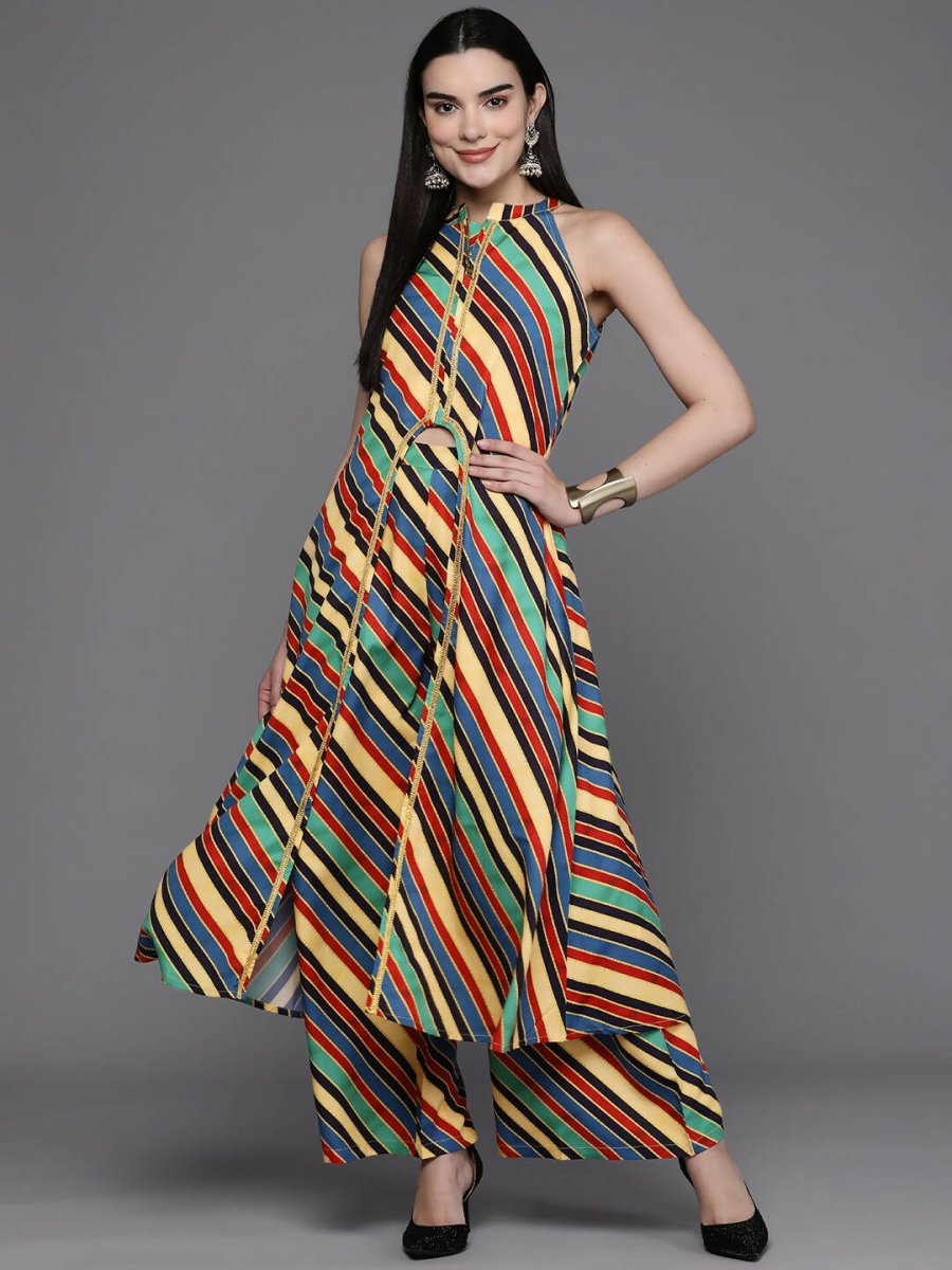 Ahalyaa Women Striped High Slit Kurta with Palazzos - Green Color