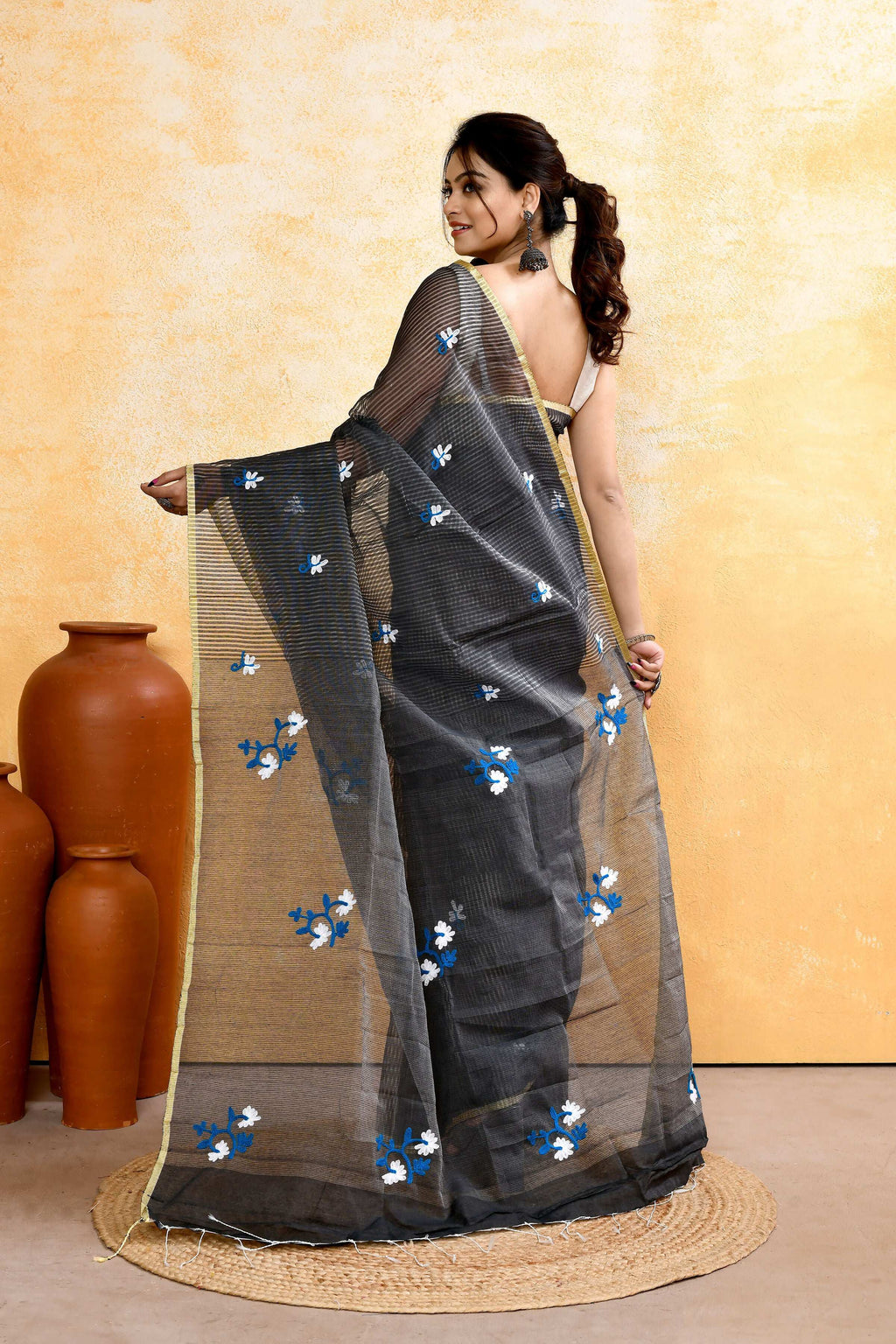 Piyari Fashion Women's Grey Embellished Cotton Blend Embroidery Saree - Distacart