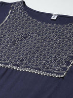 Yufta Women Navy Blue Yoke Design Regular Sequinned Kurta with Palazzo & With Dupatta