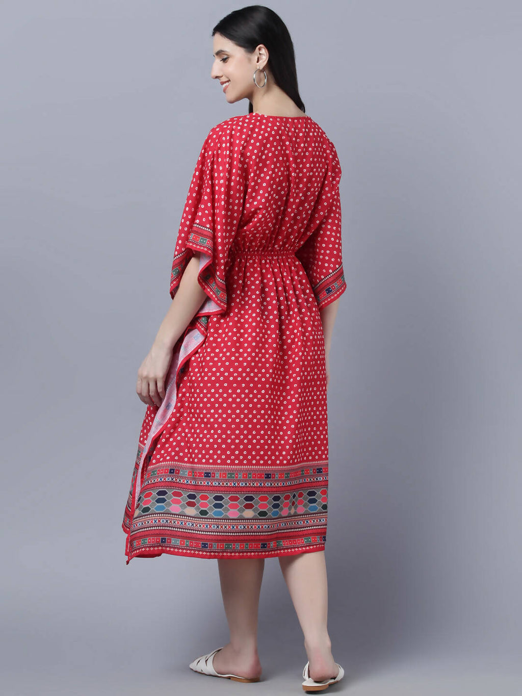 Myshka Women's Red White Ethnic Motifs Printed Kaftan Midi Dress - Distacart