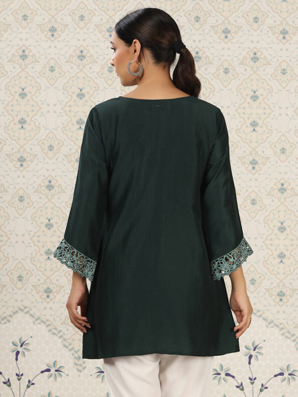 Dark Green Chinon Embroidered Straight Top - Zeny