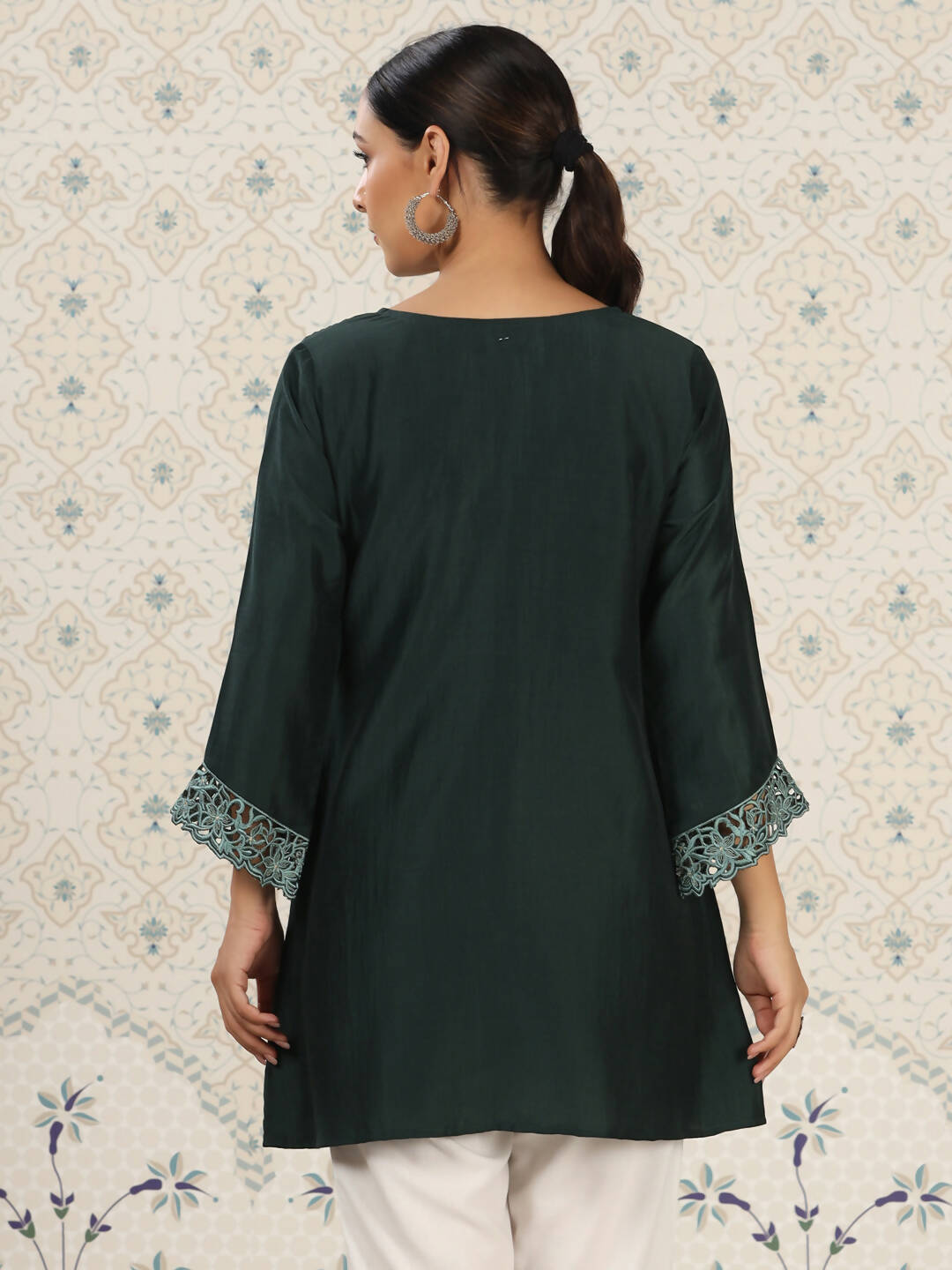 Dark Green Chinon Embroidered Straight Top - Zeny