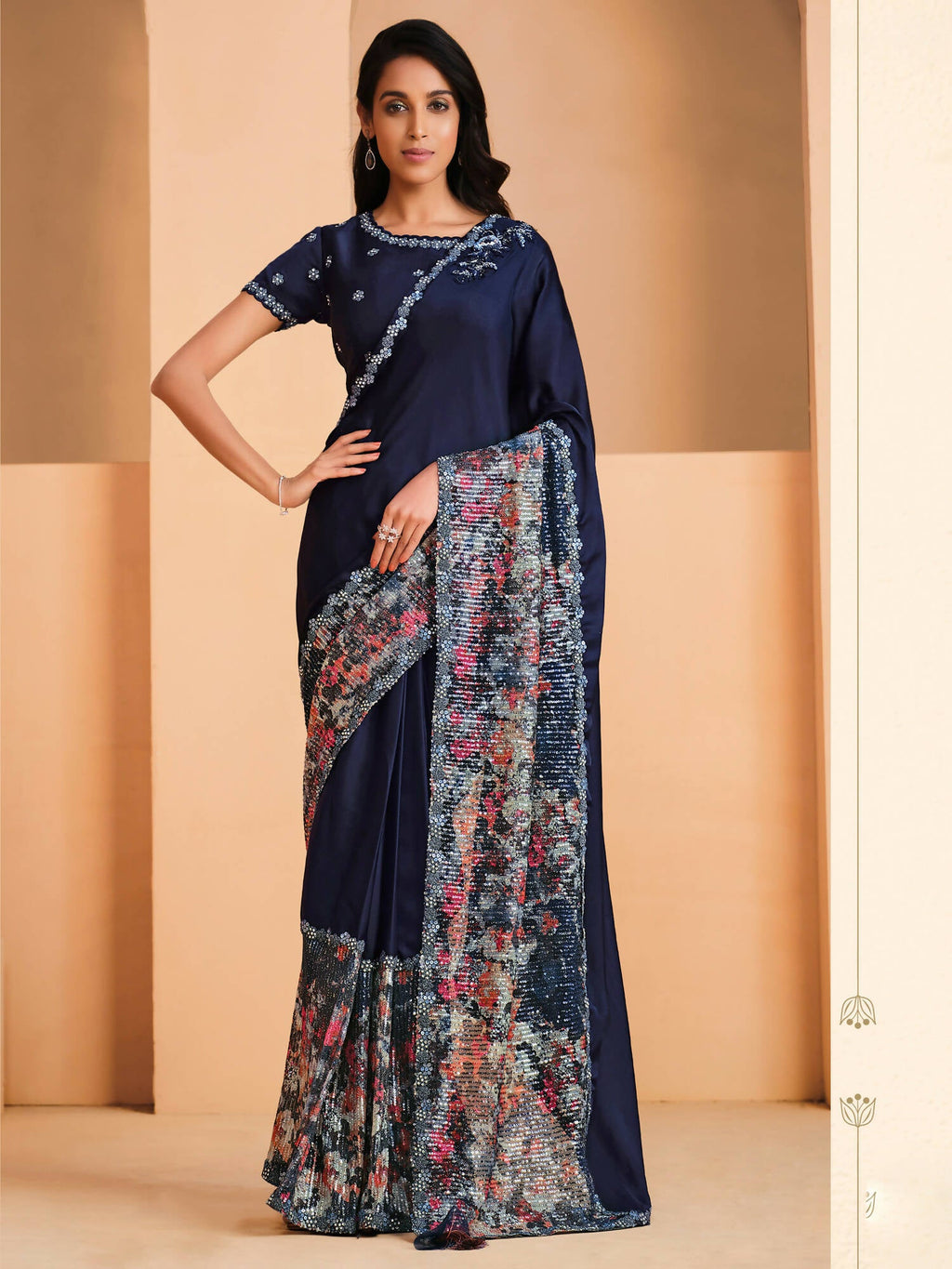 Blue Satin Crepe Silk Sequence Embroidered Saree With Unstitched Blouse - Mohmanthan Yavanika