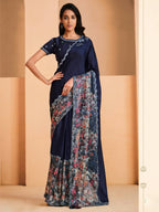 Blue Satin Crepe Silk Sequence Embroidered Saree With Unstitched Blouse - Mohmanthan Yavanika