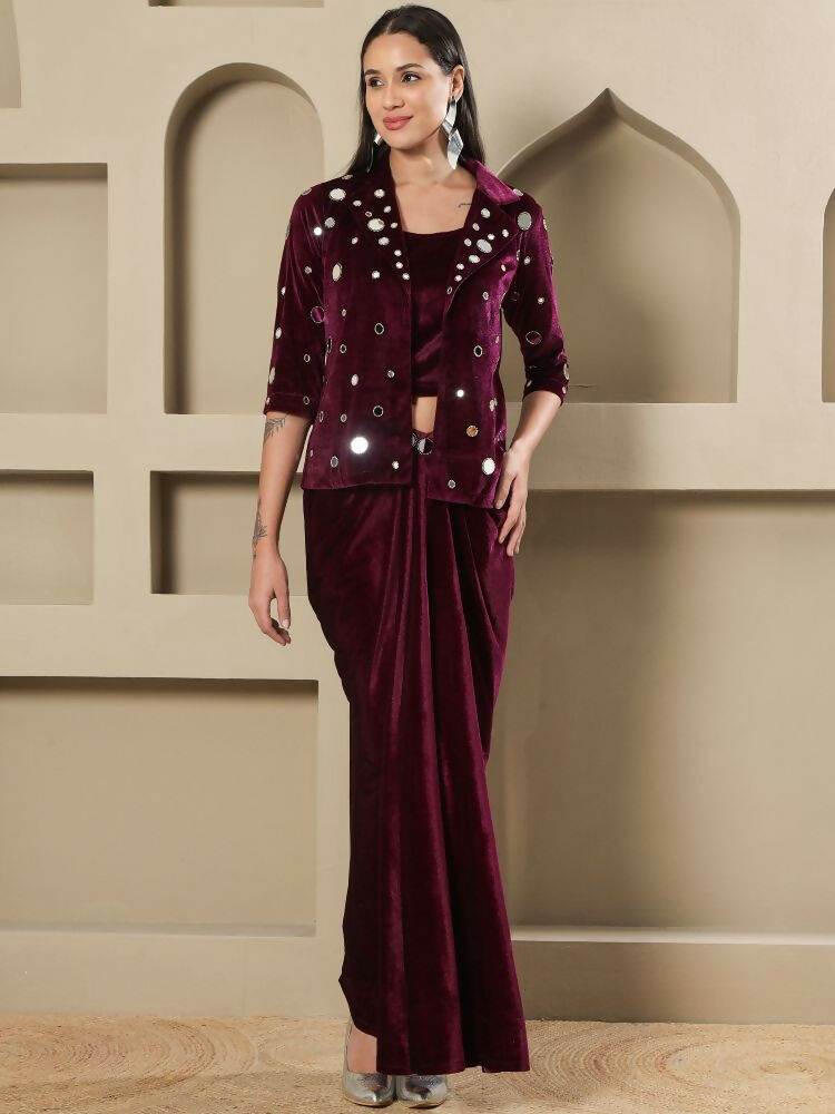 Joban Fashion Women Wine Velvet Hand Embellishment Stitched Dress - Distacart