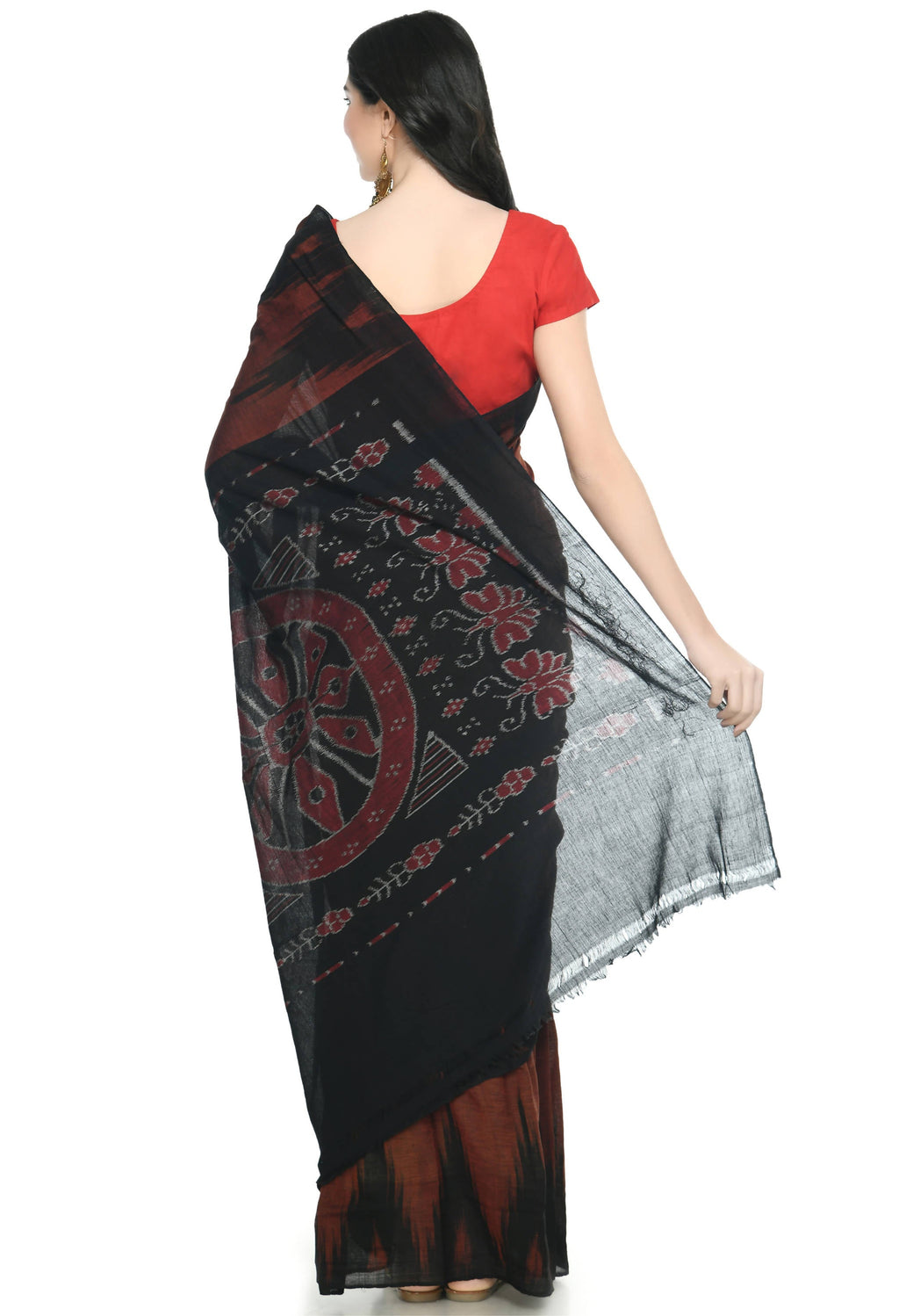 Vamika Sambalpuri Ikat Cotton Kargil Brown & Black Saree - Distacart