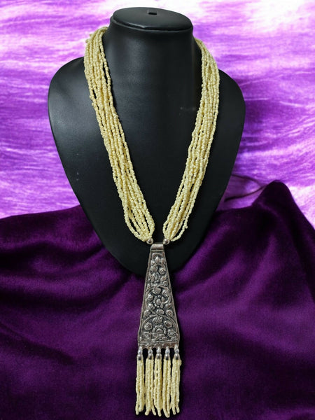 Inhanns Day-To-Dinner Tie Shaped Oxidized Black Metal Multi-Layered Long Only Necklace - Cream