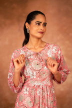 Joban Fashion Pink Floral Hand Block Printed Cotton Kurta Pant Set - Distacart