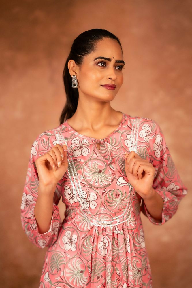 Joban Fashion Pink Floral Hand Block Printed Cotton Kurta Pant Set - Distacart