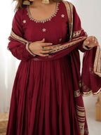 The52 Women's Gorgeous Chinon Silk Fabric Embroidery Work Flared Anarkali Pant and Dupatta Set - Distacart