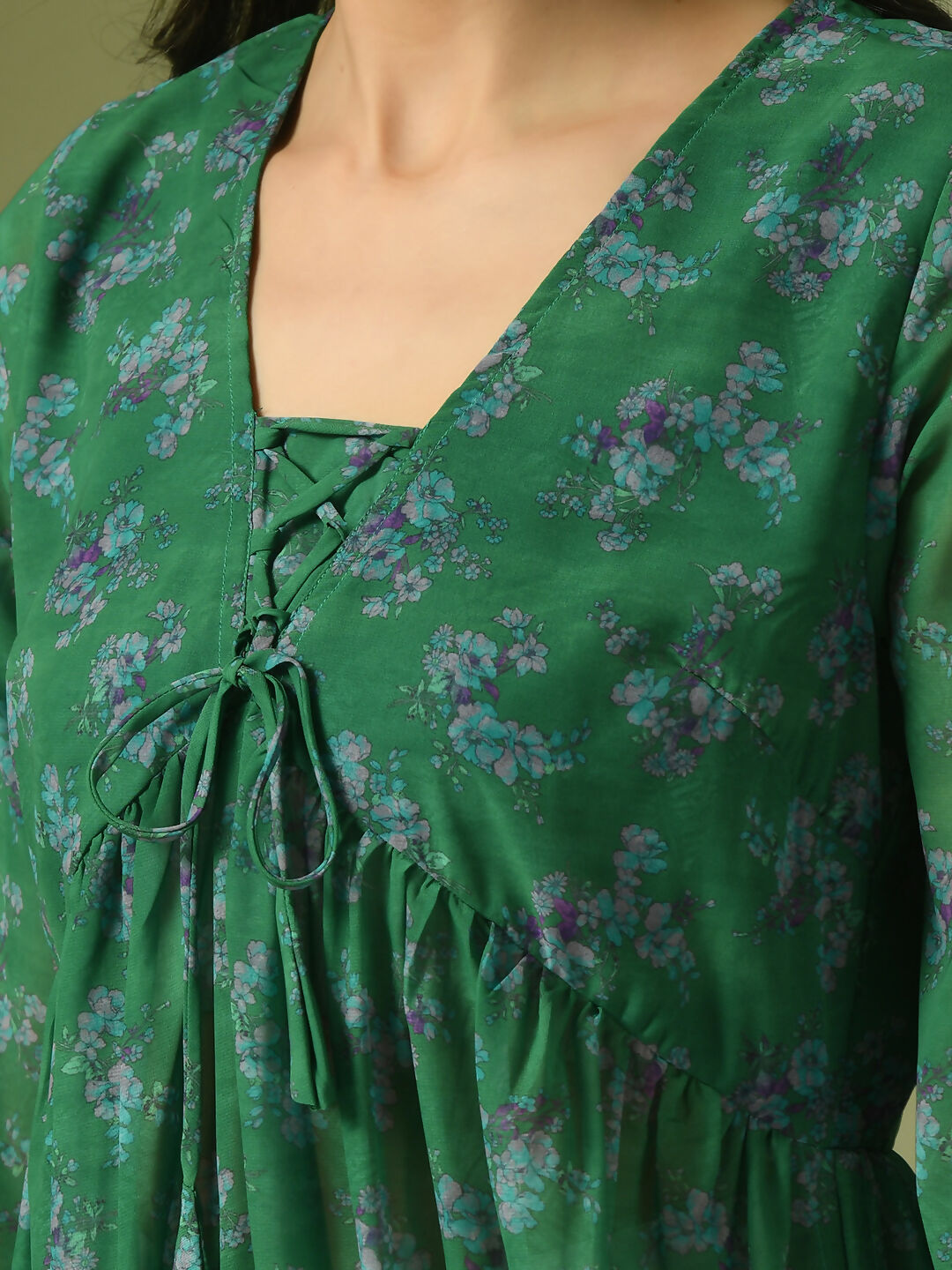 Myshka Women's Green Printed Georgette A-Line Nyra-cut Kurta