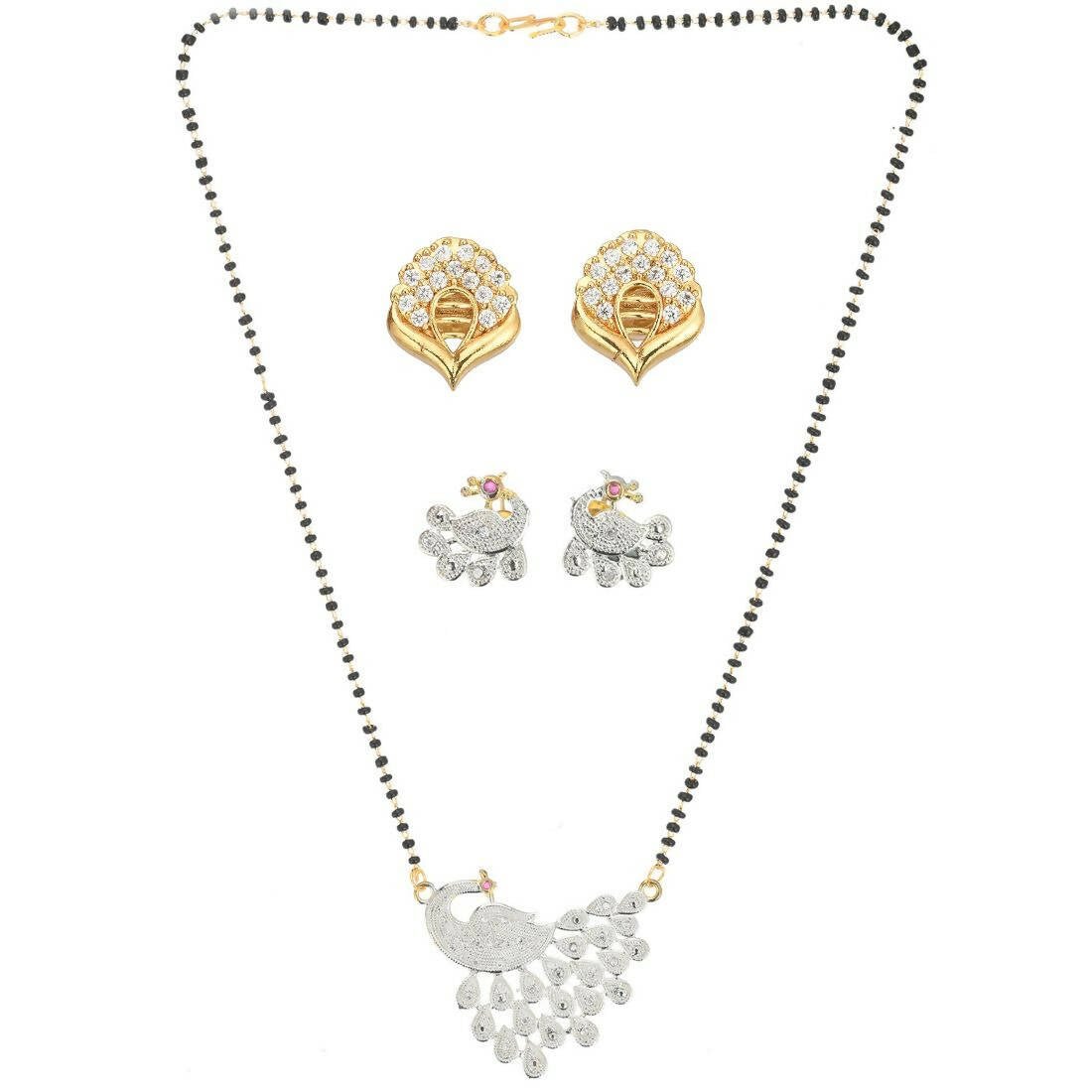 AanyaCentric Gold-Polished Mangalsutra with Pendant, 2 Pair Earrings