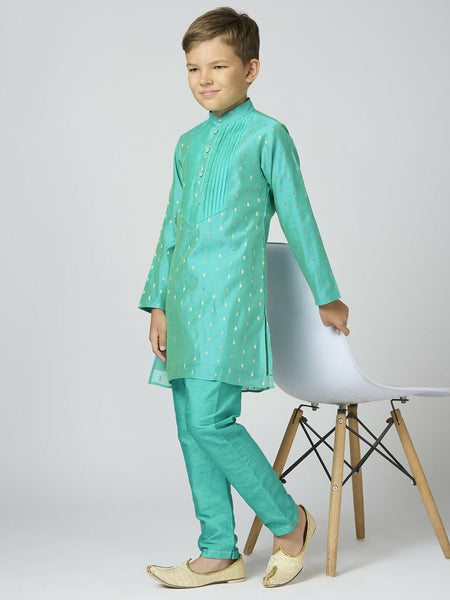 Joban Fashion Kids Island Full Sleeves Chanderi Kurta, Pyjama Set with Traditional Butta Work - Sea Green