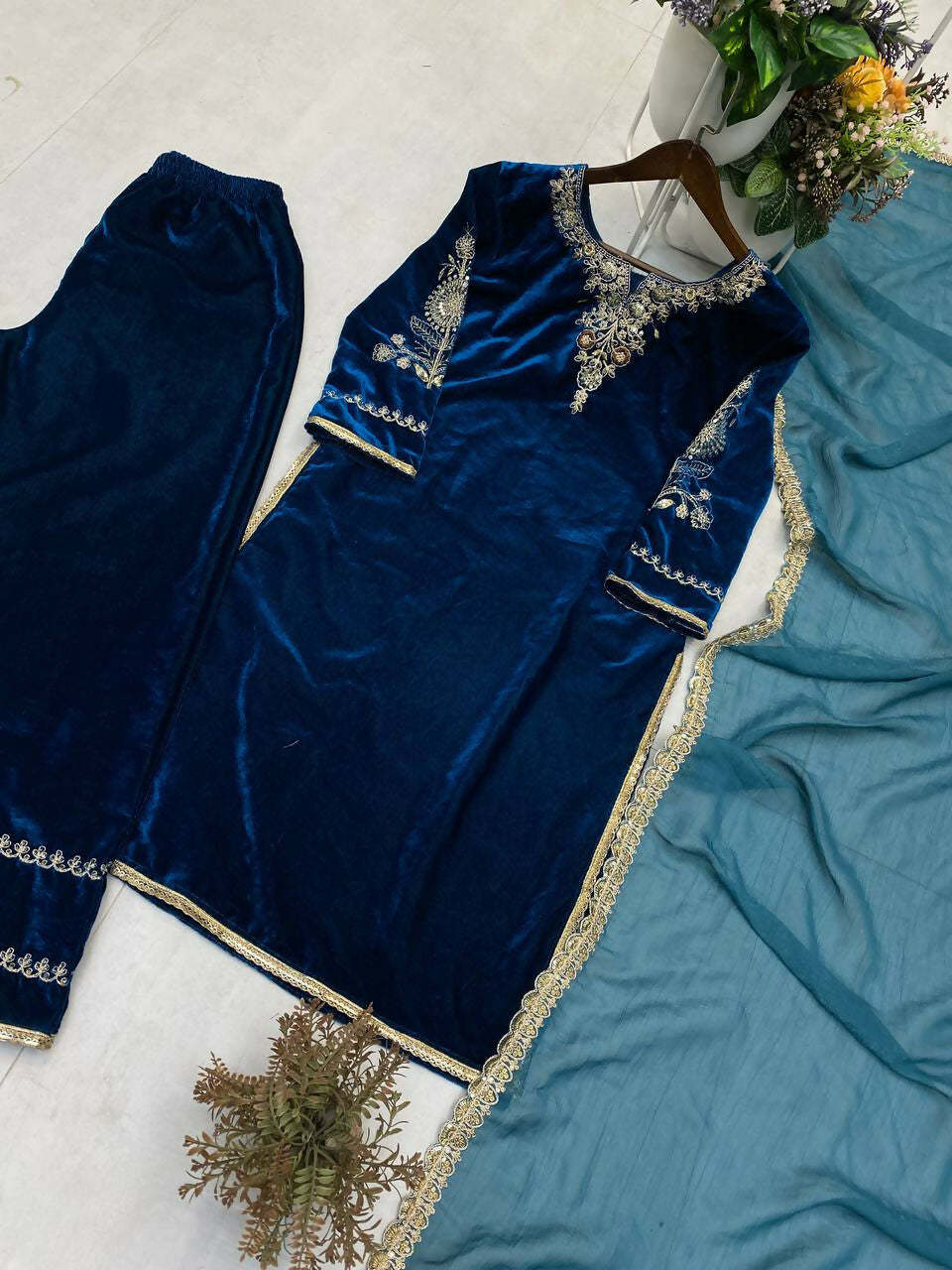 Vastranavya Teal Velvet Cording Sequence Embroidery Work Suit With Dupatta - Distacart