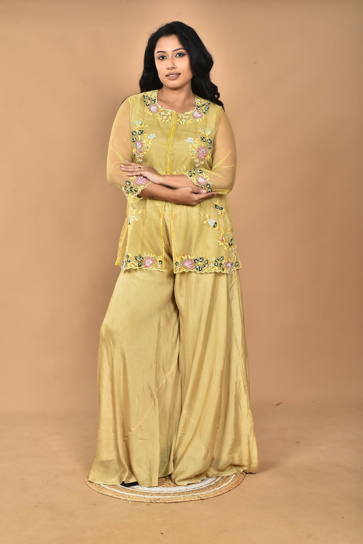 Morchari Women And Hand Embroidery Palazzo Set-Mustard