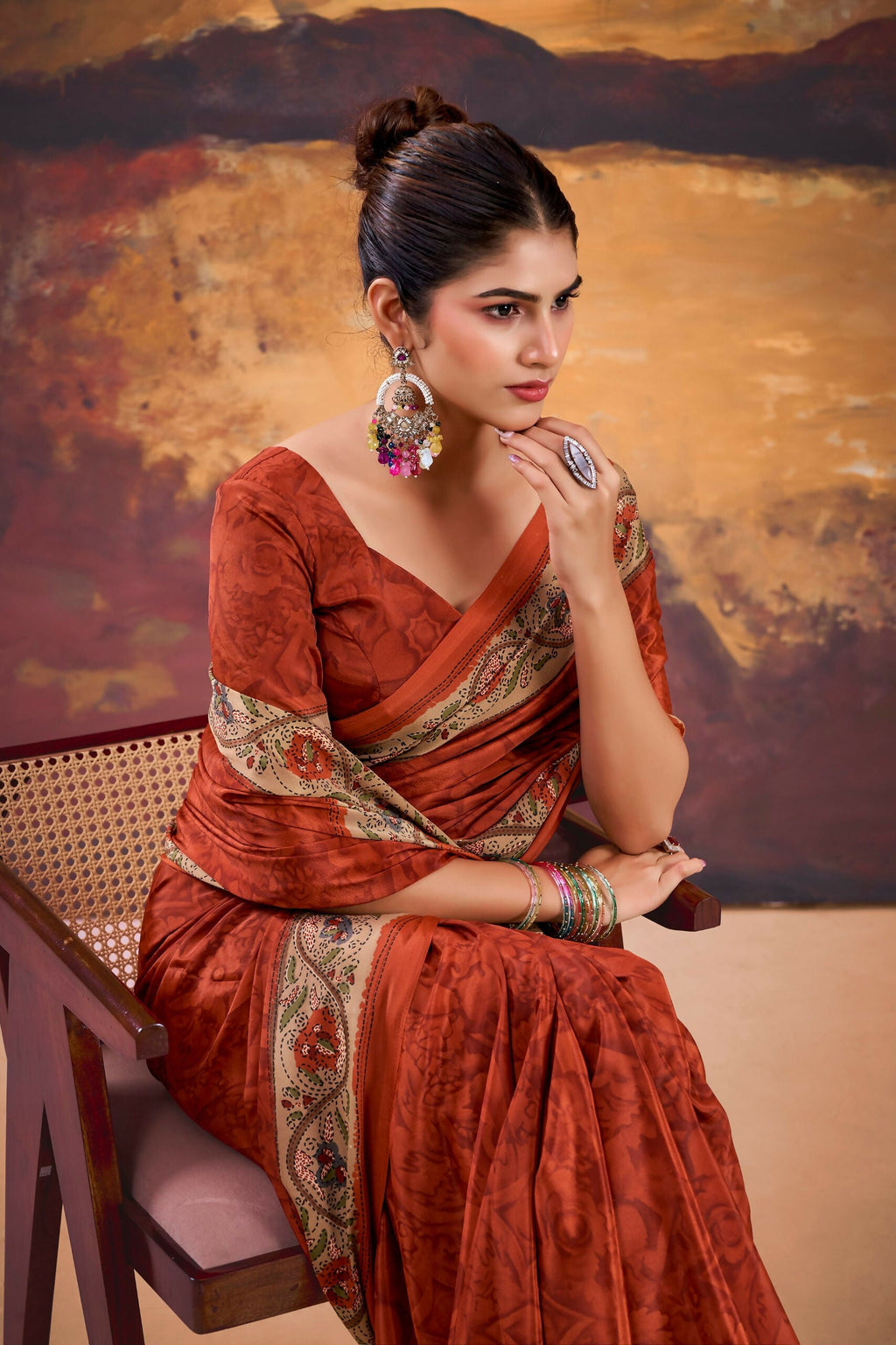 Vastranavya Orange Crepe Printed Saree with Unstitched Blouse - Distacart