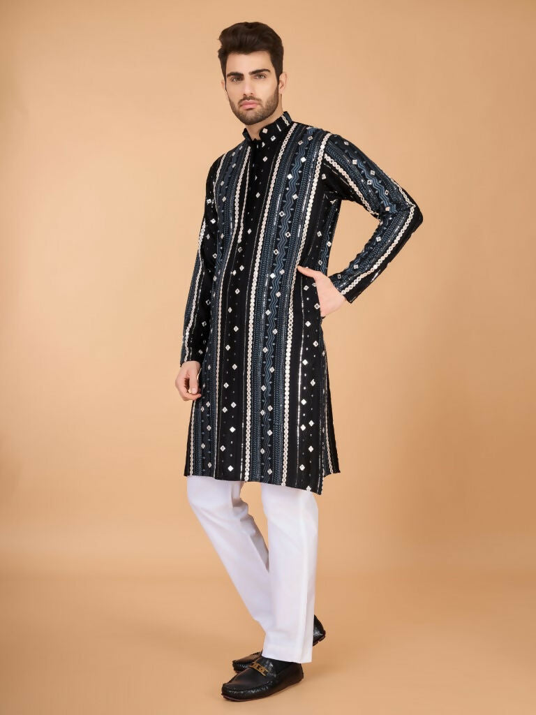 Vastranavya Black Exclusive Festival Wear Pure Viscose Rayon Sequence & Foil Mirror Heavy Embroidered Work Kurta