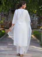 Juniper Women's Off-White Chinnon Embroidered Kurta Pant Dupatta Set - Distacart