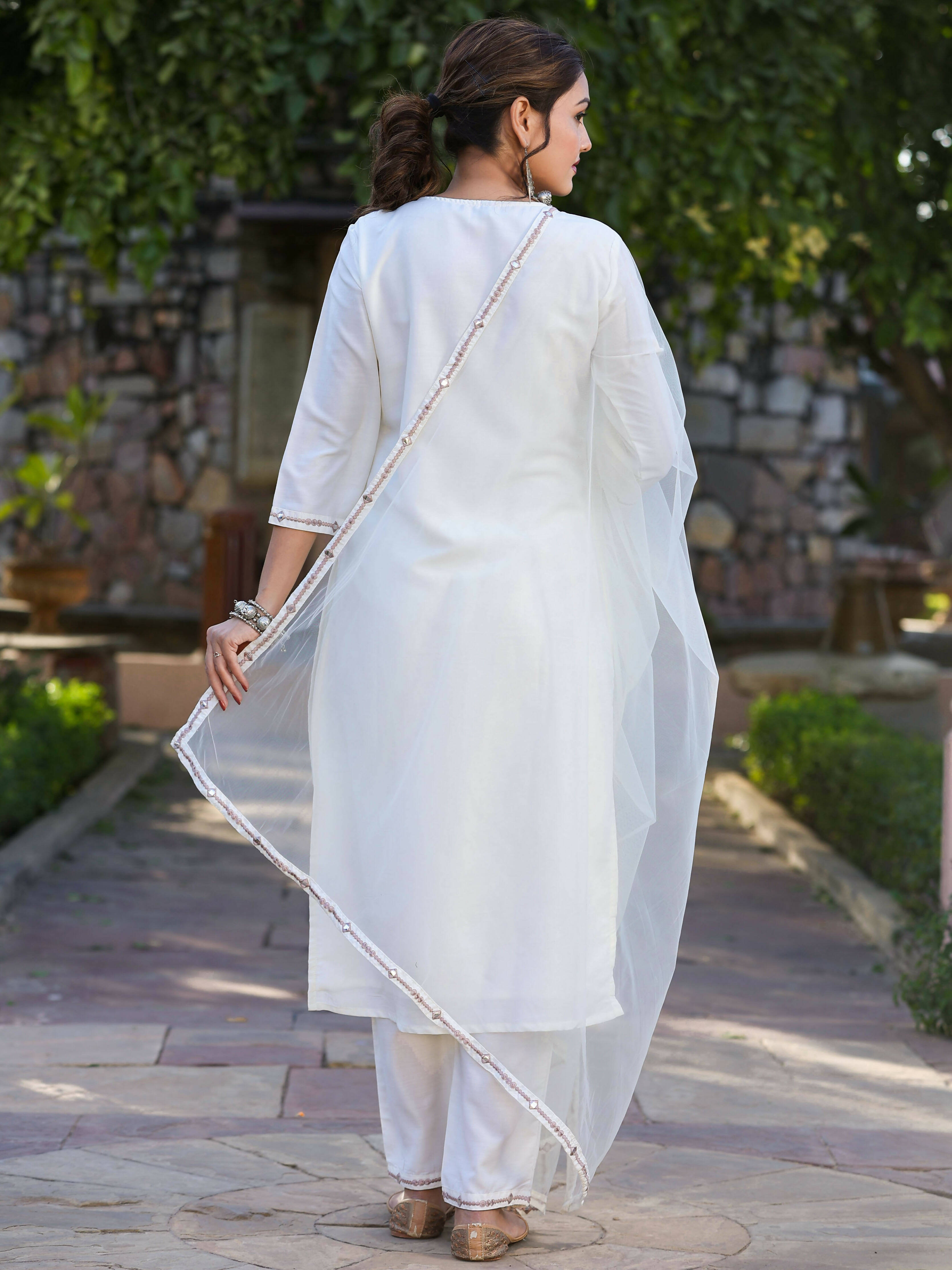 Juniper Women's Off-White Chinnon Embroidered Kurta Pant Dupatta Set - Distacart