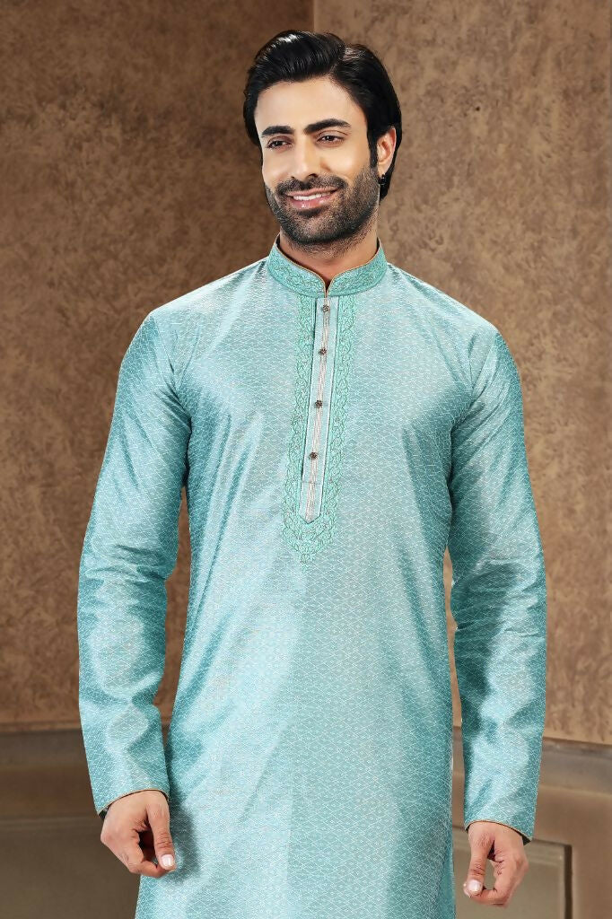 Raivat Ethnic Jacquard Banarasi Silk Thread Work Kurta Pajama In Sky Blue Colour - Distacart