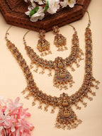 NVR Women's Set of 2 Gold-Polished Green & Red Stone Studded Lakshmi Design Temple Jewellery Set