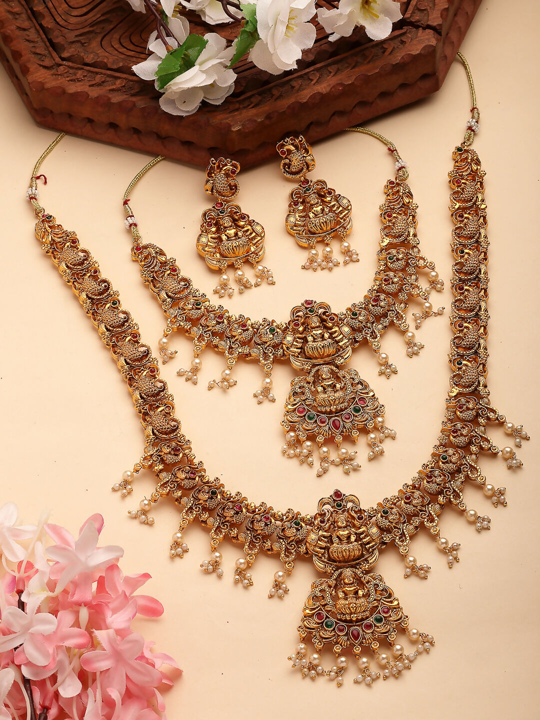 NVR Women's Set of 2 Gold-Polished Green & Red Stone Studded Lakshmi Design Temple Jewellery Set