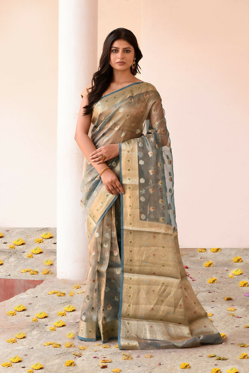 Joban Fashion Grey Pure Banarasi Tissue Saree