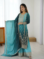 The52 Women's Gorgeous Chinon silk Fabric Embroidery Work Straight Kurta Palazzo and Dupatta Set - Distacart
