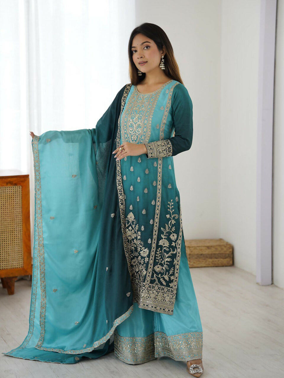 The52 Women's Gorgeous Chinon silk Fabric Embroidery Work Straight Kurta Palazzo and Dupatta Set - Distacart
