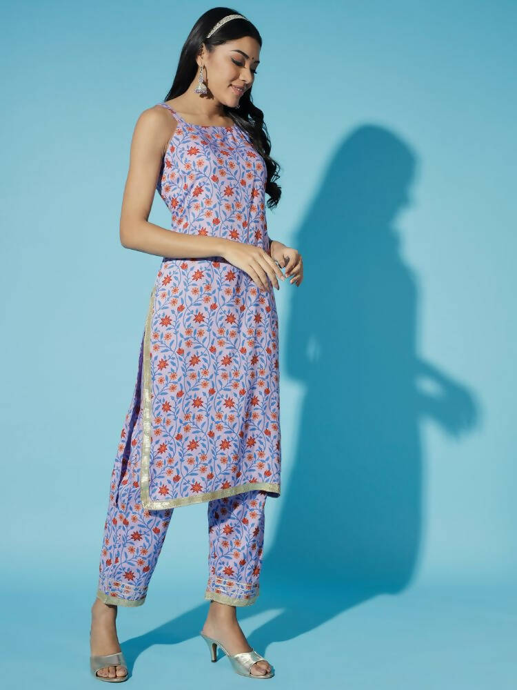 Myshka Women Printed Lavender Kurta & Trousers With Dupatta - Distacart