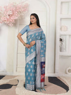 Shree Shyam Fashion Linen Cotton Sky Blue Saree - Distacart