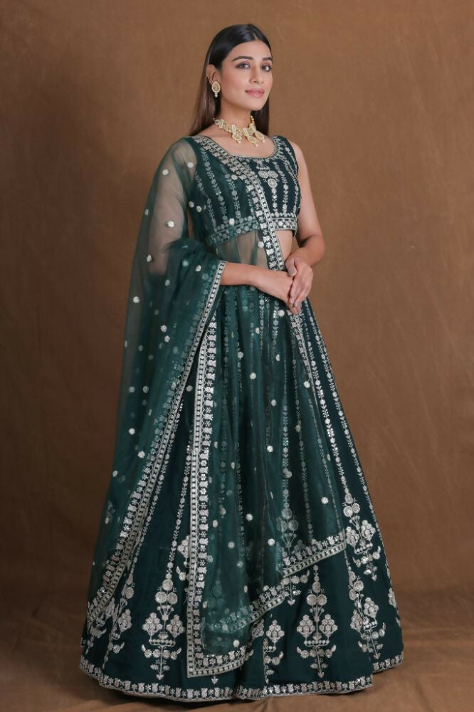 Bottlegreen Georgette Zari,Sequence Thread Embroidery Work Lehenga Choli - Jihu Culture