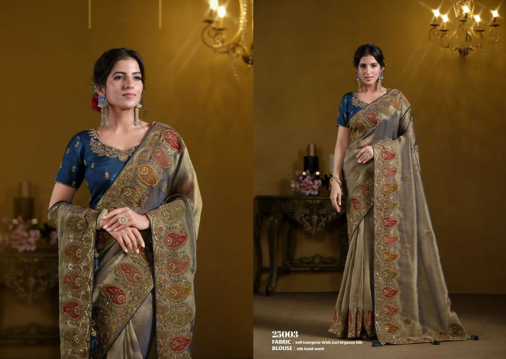 Teal Blue Pure Georgette Pure Khatli work Designer Saree With Blouse. - Rajasvi