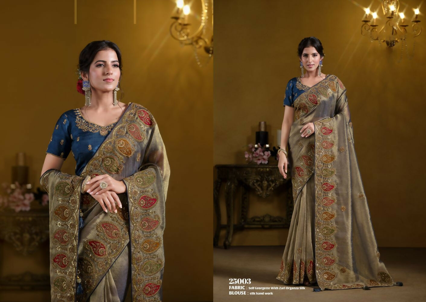 Teal Blue Pure Georgette Pure Khatli work Designer Saree With Blouse. - Rajasvi
