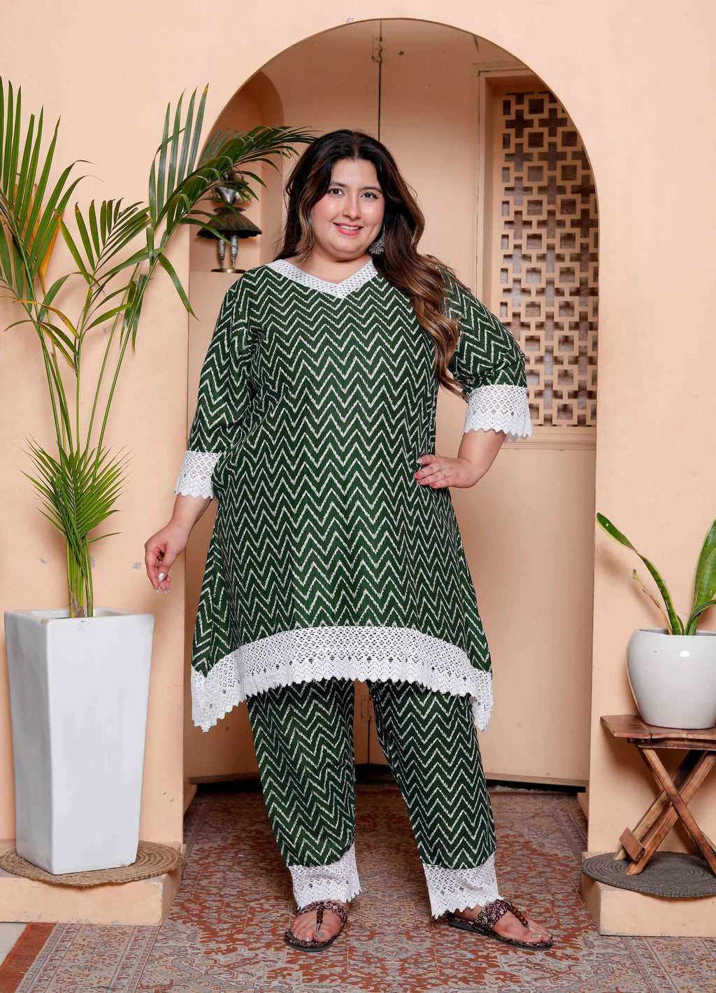 Miravan Womens Plus Size Green Rayon Zigzag Print Kurta with Palazzo set - Distacart