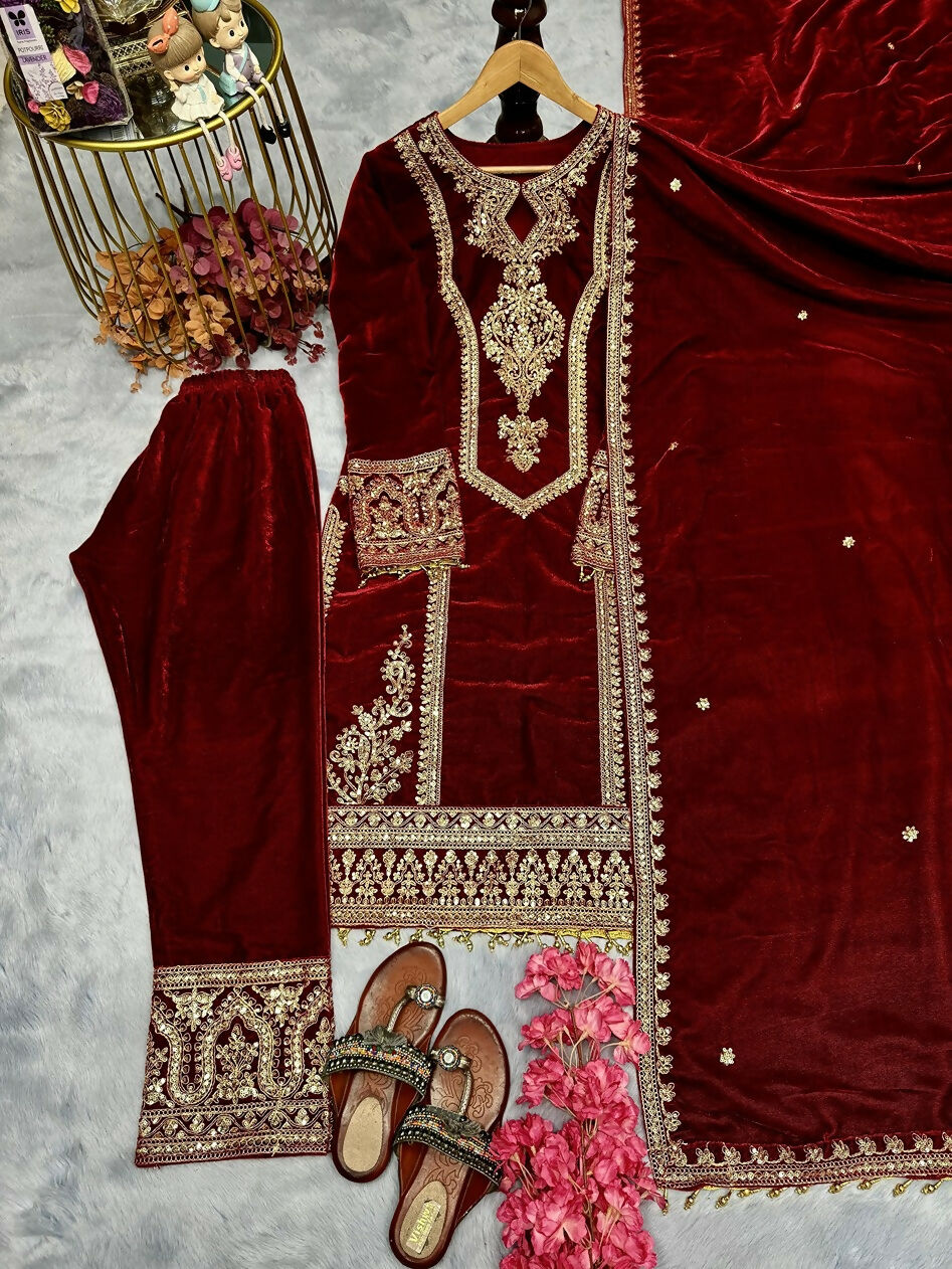 Teeya Creation Maroon Color Velvet Fabric Designer Embroidery Work Suit - Distacart
