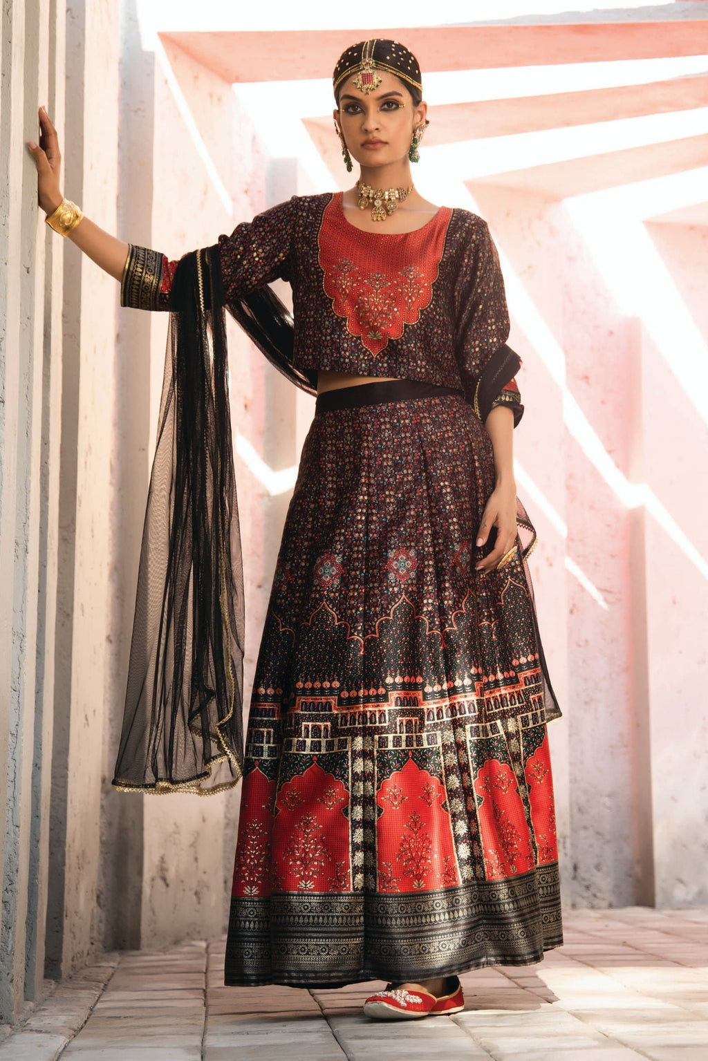 Juniper Black Ethnic Motif Printed Dull Satin Lehenga Choli & Net Dupatta Set - Distacart