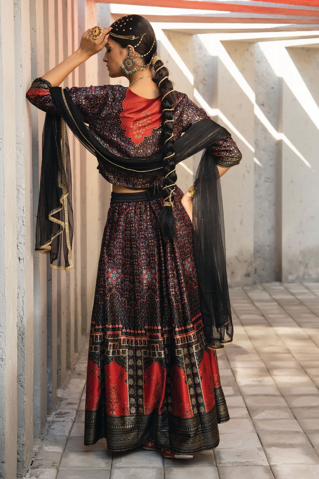 Juniper Black Ethnic Motif Printed Dull Satin Lehenga Choli & Net Dupatta Set - Distacart
