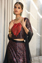 Juniper Black Ethnic Motif Printed Dull Satin Lehenga Choli & Net Dupatta Set - Distacart