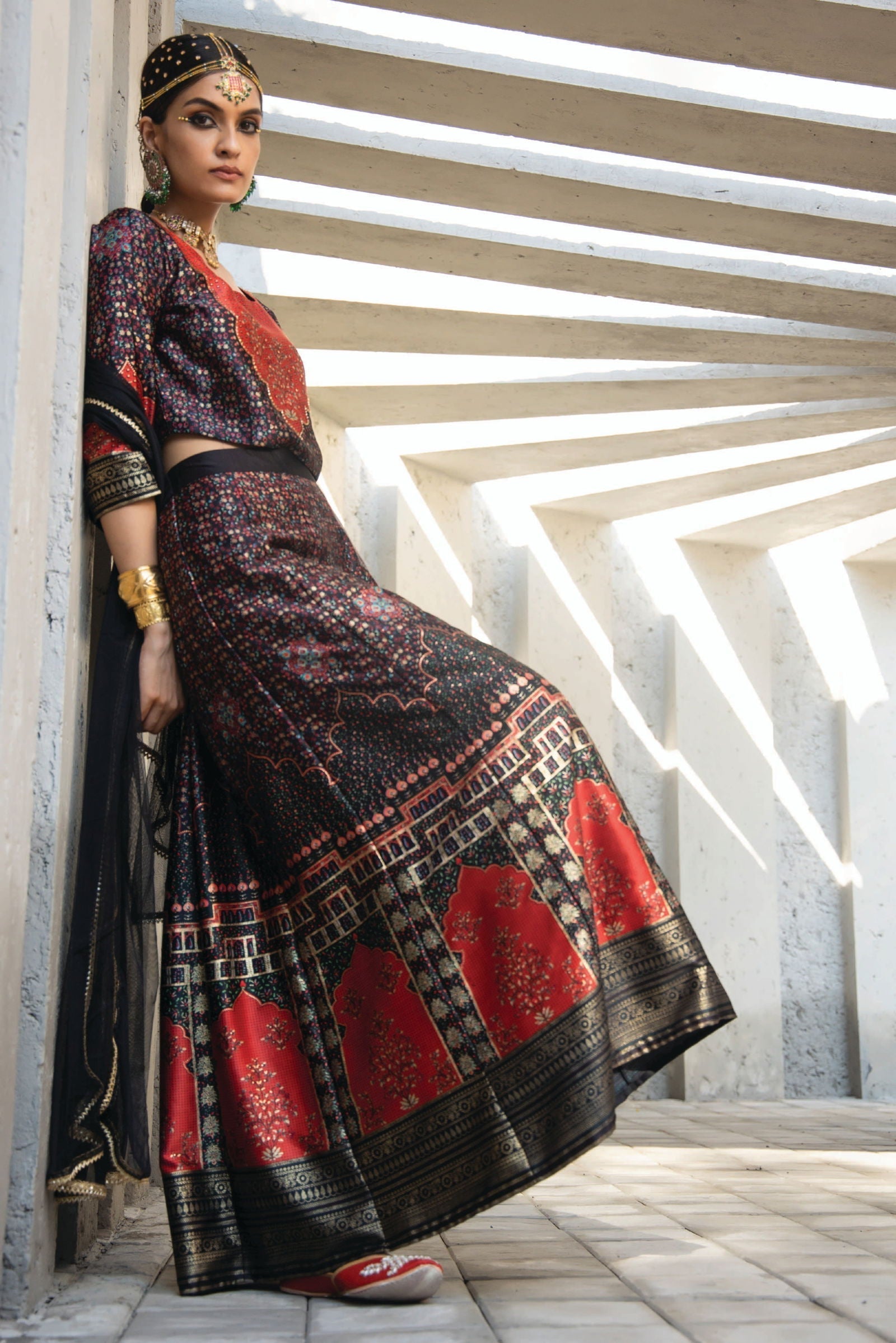 Juniper Black Ethnic Motif Printed Dull Satin Lehenga Choli & Net Dupatta Set - Distacart