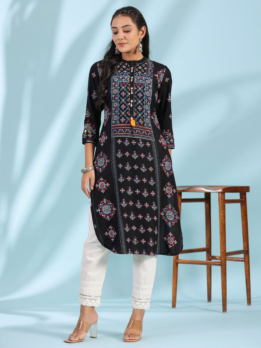 Juniper Black Ethnic Motif Printed Rayon Calf Length Straight Kurta With Kaudis Kantha Work & Sequins - Distacart