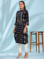 Juniper Black Ethnic Motif Printed Rayon Calf Length Straight Kurta With Kaudis Kantha Work & Sequins - Distacart