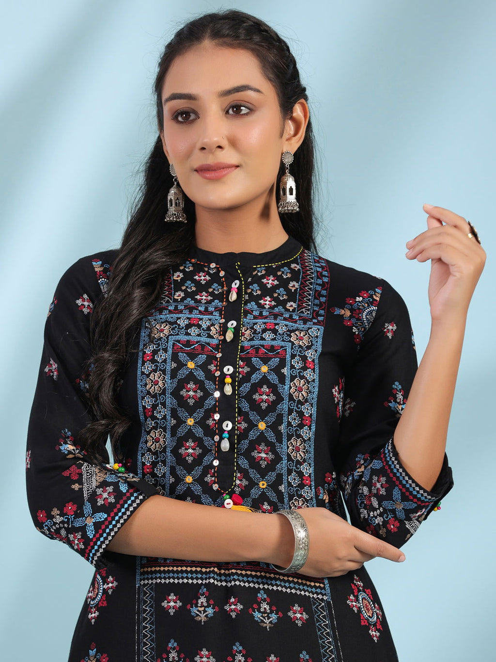 Juniper Black Ethnic Motif Printed Rayon Calf Length Straight Kurta With Kaudis Kantha Work & Sequins - Distacart