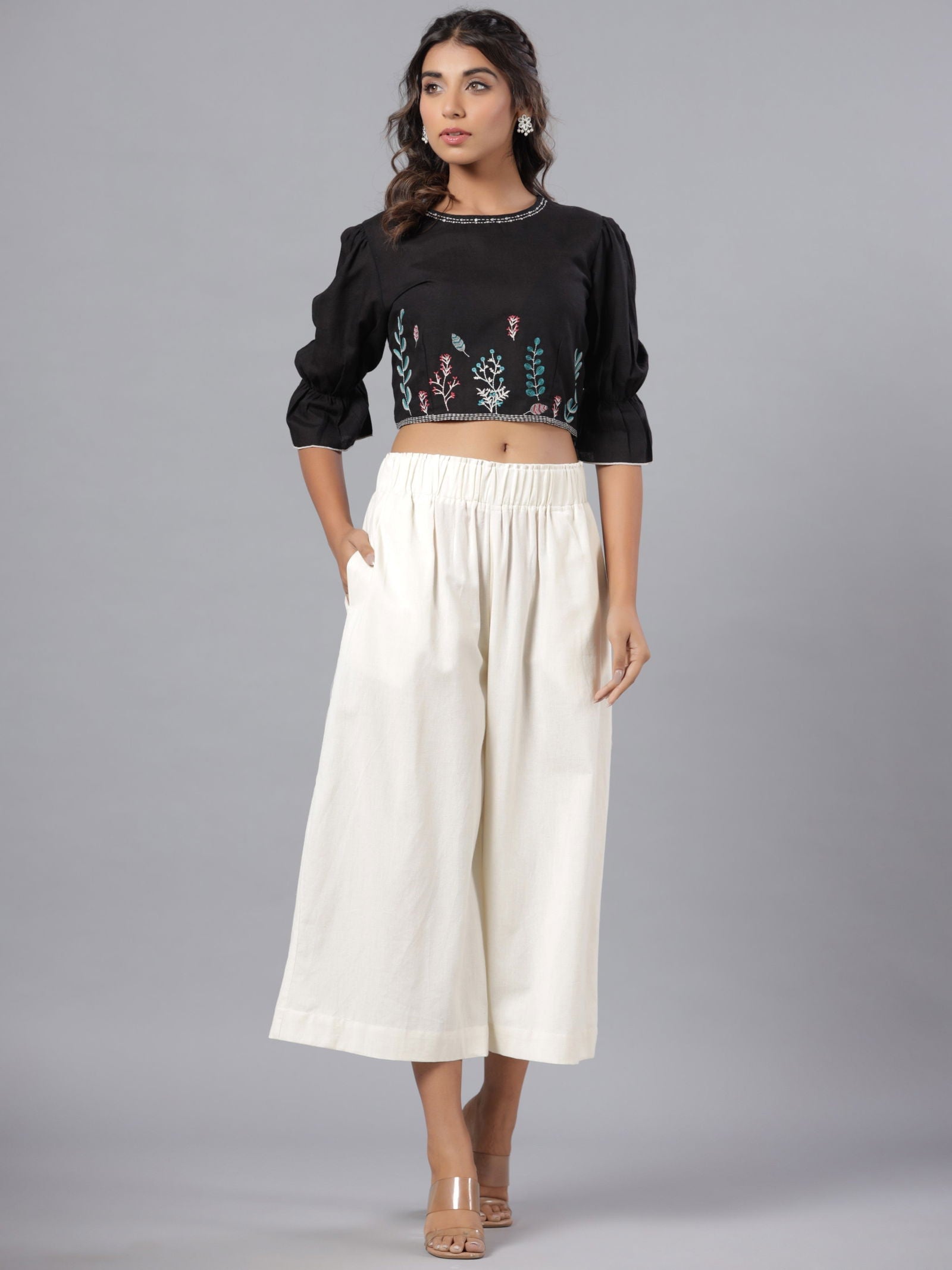 Juniper Black Floral Printed Rayon Flex Crop Top With Thread Embroidery - Distacart