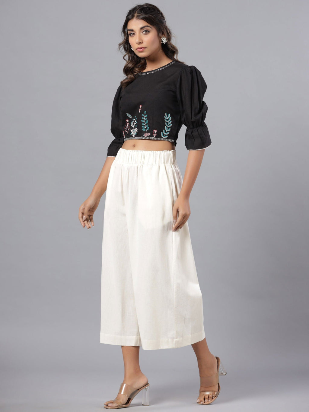 Juniper Black Floral Printed Rayon Flex Crop Top With Thread Embroidery - Distacart
