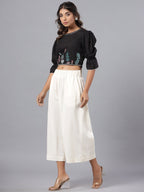 Juniper Black Floral Printed Rayon Flex Crop Top With Thread Embroidery - Distacart