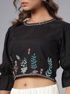 Juniper Black Floral Printed Rayon Flex Crop Top With Thread Embroidery - Distacart