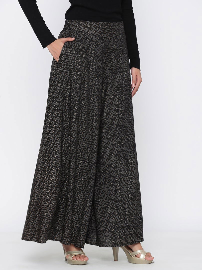 Juniper Black Geometric Printed Rayon Flared Women Palazzo With One Pocket - Distacart