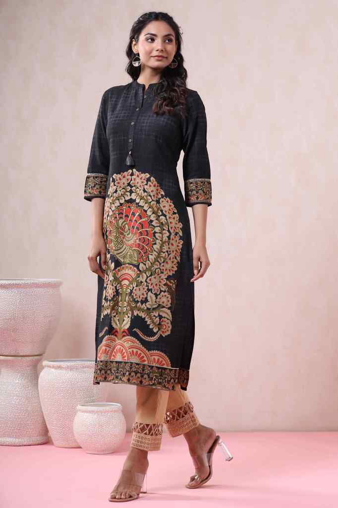 Juniper Black Liva Rayon Printed Straight Kurta - Distacart