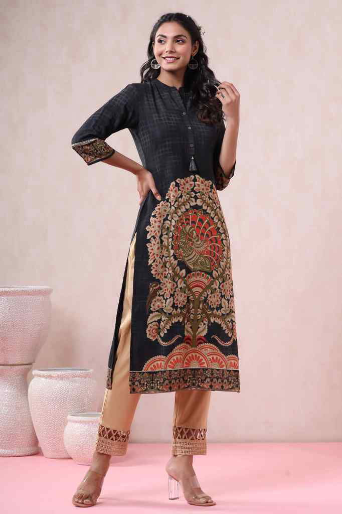 Juniper Black Liva Rayon Printed Straight Kurta - Distacart